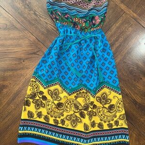 Champagne & Strawberry Boho Dress Sz S Gypsy Anthropologie 100% Silk Artsy Aztec